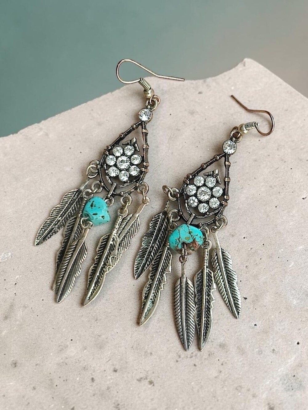 Vintage Sterling Silver Plated  Turquoise Feather Earrings